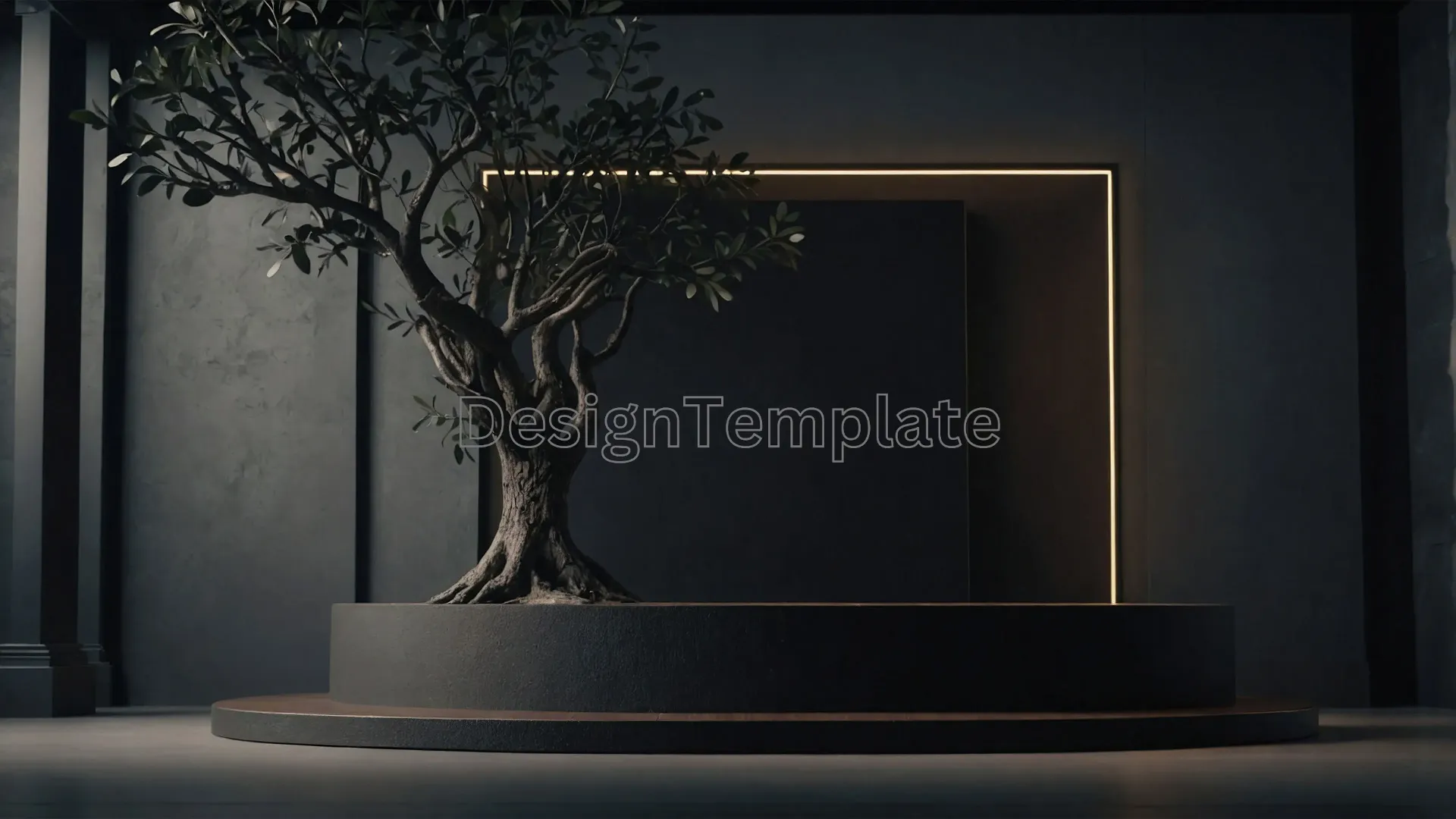 Artful Bonsai Silhouette with Frame Against Dark Background